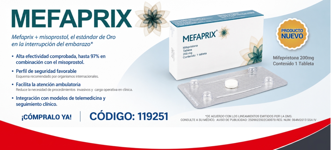 Banner de MEFAPRIX mifepristona 200 mg con empaque del producto, beneficios clínicos y código de compra 119251.